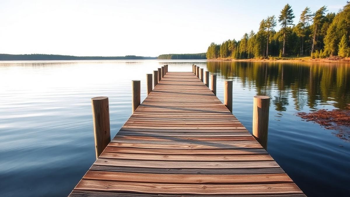 Träbrygga som sträcker sig ut i en lugn sjö