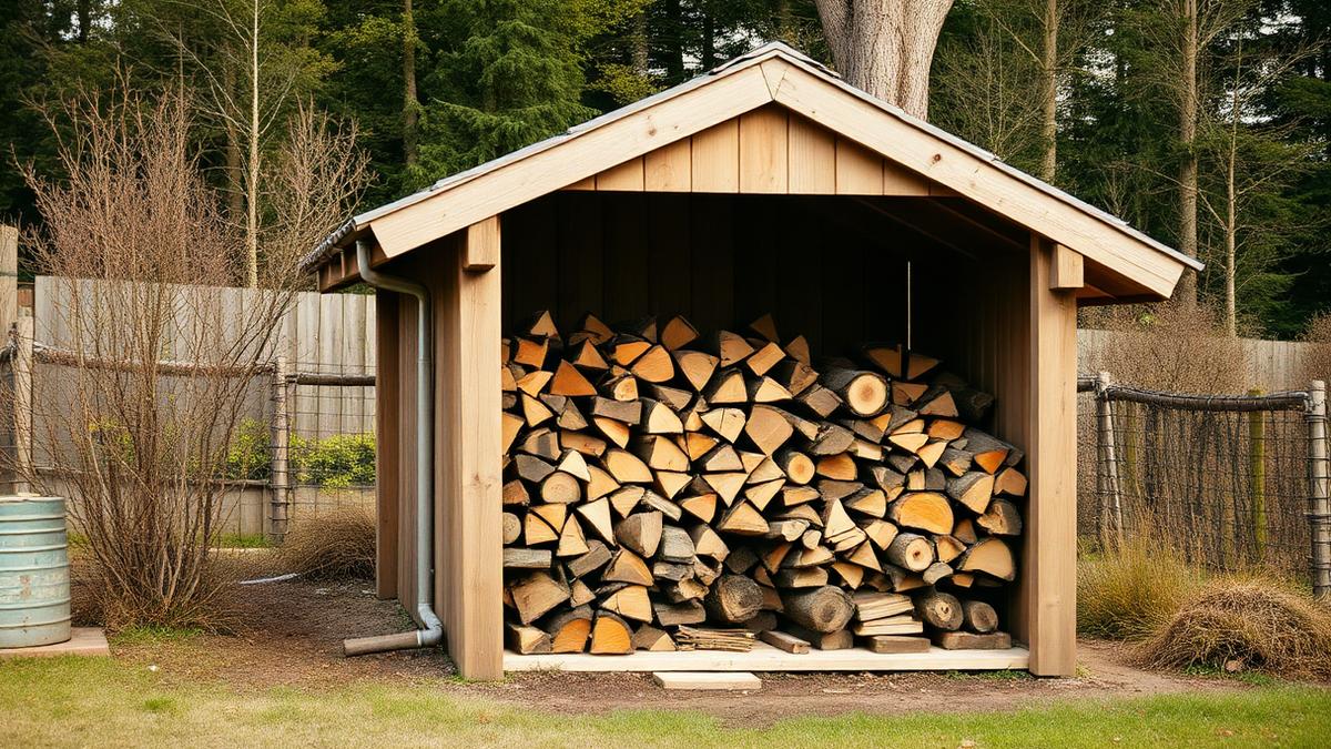 Liten vedbod med staplad ved under tak